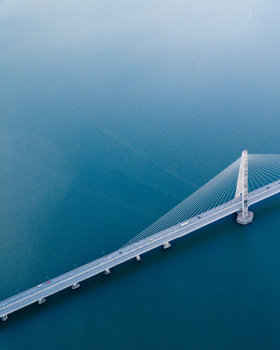 Concept: aerial view of a cable-stayed bridge crossing open water