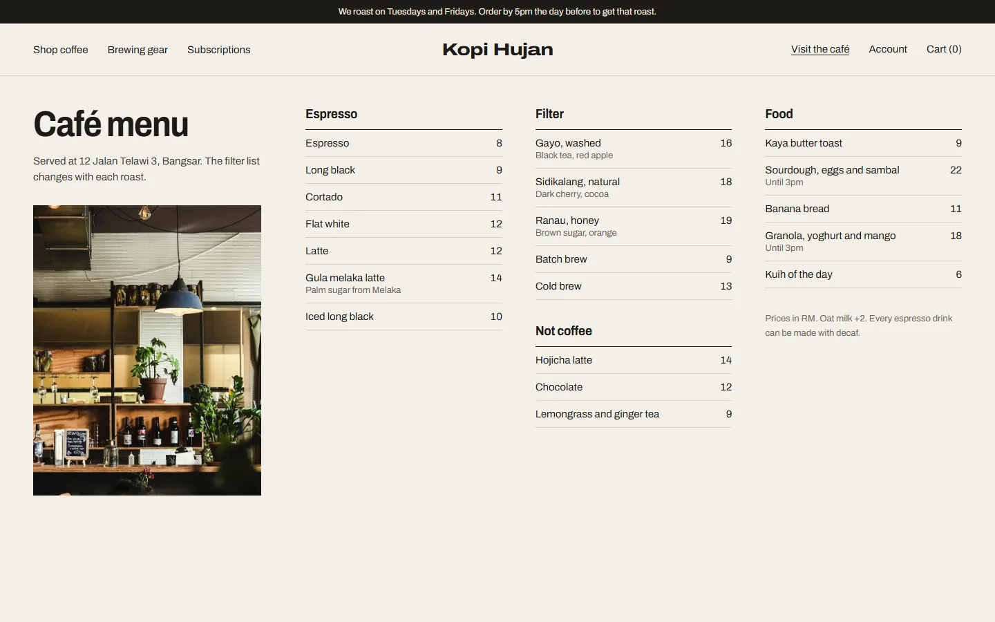 Kopi Hujan menu page, concept