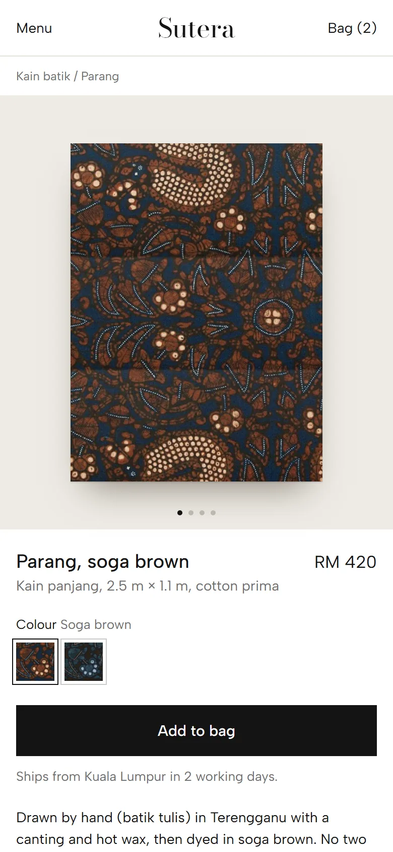 Sutera product page on mobile, concept
